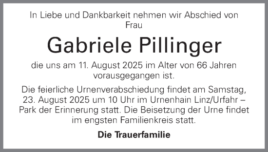 Traueranzeige von Gabriele Pillinger von OÖNachrichten