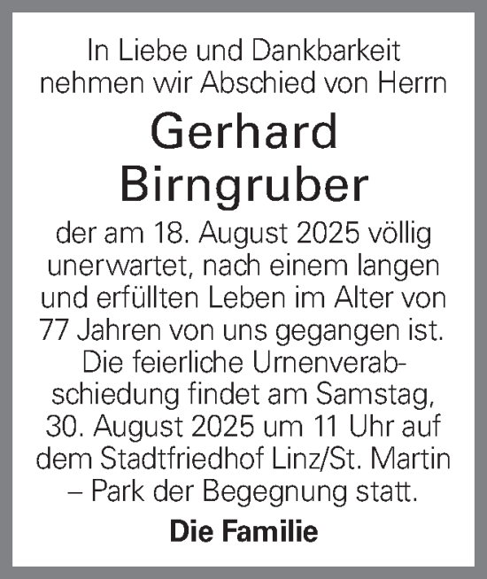 Traueranzeige von Gerhard Birngruber von OÖNachrichten