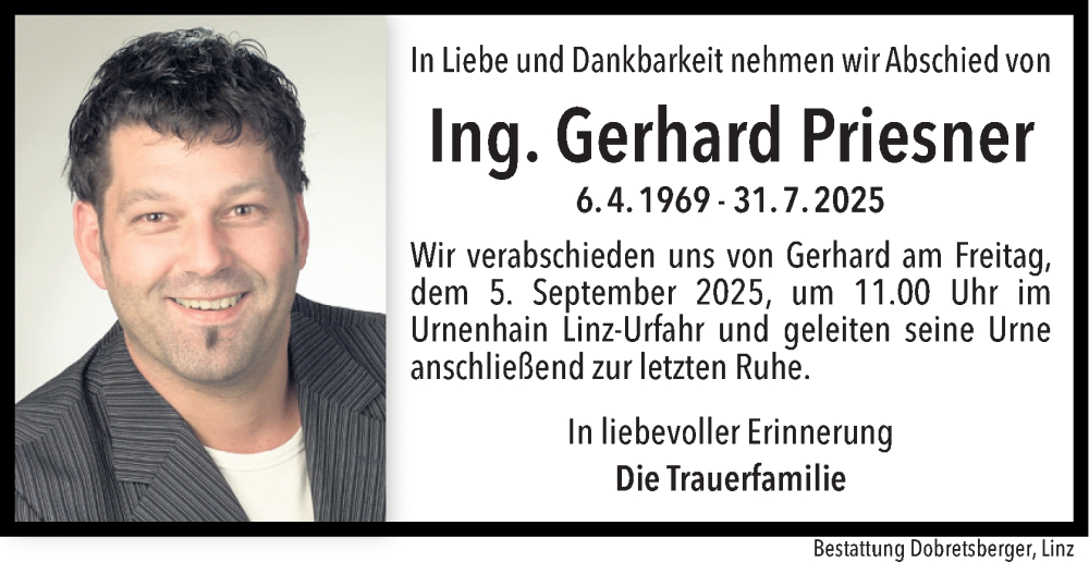  Traueranzeige für Gerhard Priesner vom 07.08.2025 aus OÖNachrichten