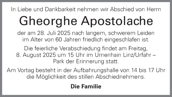 Traueranzeige von Gheorghe Apostolache von OÖNachrichten