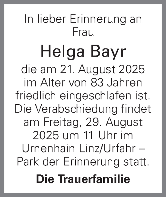 Traueranzeige von Helga Bayr von OÖNachrichten