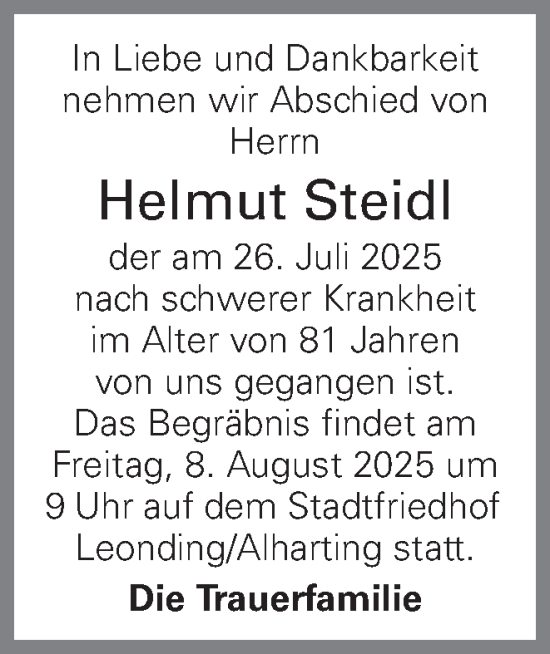 Traueranzeige von Helmut Steidl von OÖNachrichten