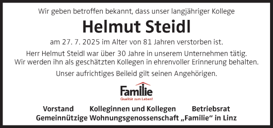 Traueranzeige von Helmut Steidl von OÖNachrichten