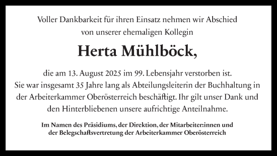 Traueranzeige von Herta Mühlböck von OÖNachrichten