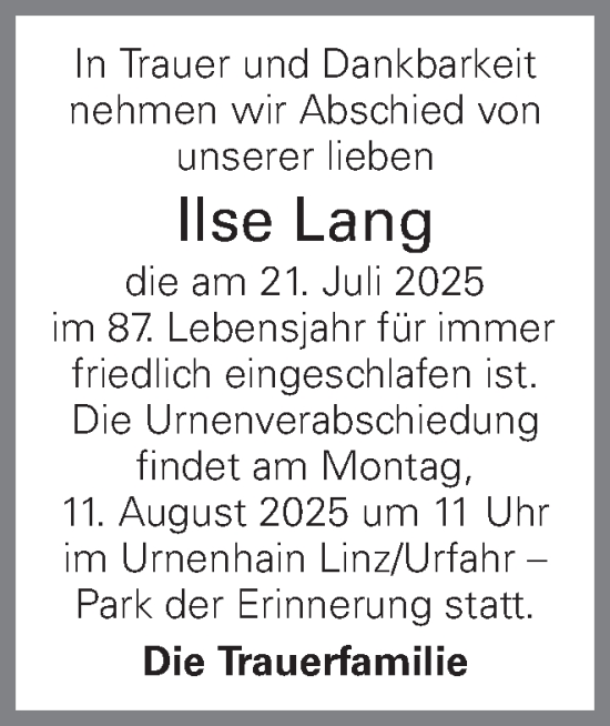 Traueranzeige von Ilse Lang von OÖNachrichten