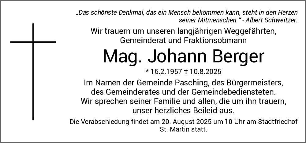  Traueranzeige für Johann Berger vom 13.08.2025 aus OÖNachrichten