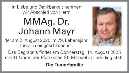 Traueranzeige von Johann Mayr von OÖNachrichten