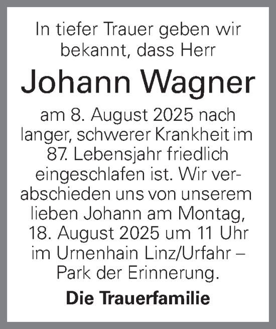 Traueranzeige von Johann Wagner von OÖNachrichten