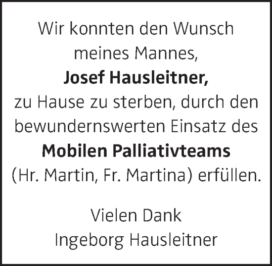 Traueranzeige von Josef Hausleitner von OÖNachrichten