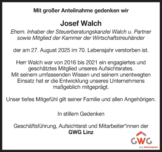 Traueranzeige von Josef Walch von OÖNachrichten