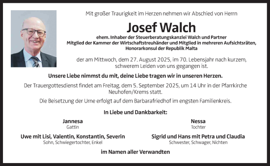 Traueranzeige von Josef Walch von OÖNachrichten