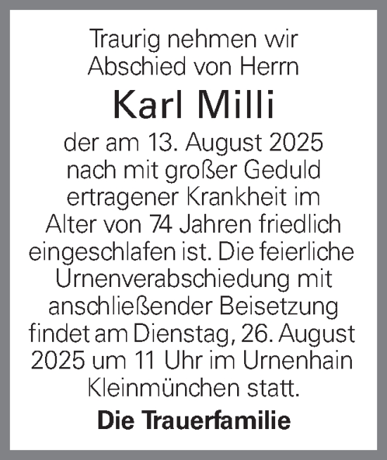 Traueranzeige von Karl Milli von OÖNachrichten