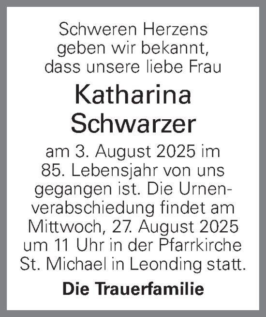Traueranzeige von Katharina Schwarzer von OÖNachrichten