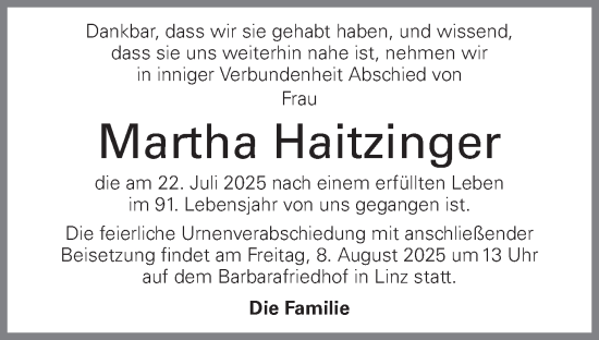 Traueranzeige von Martha Haitzinger von OÖNachrichten