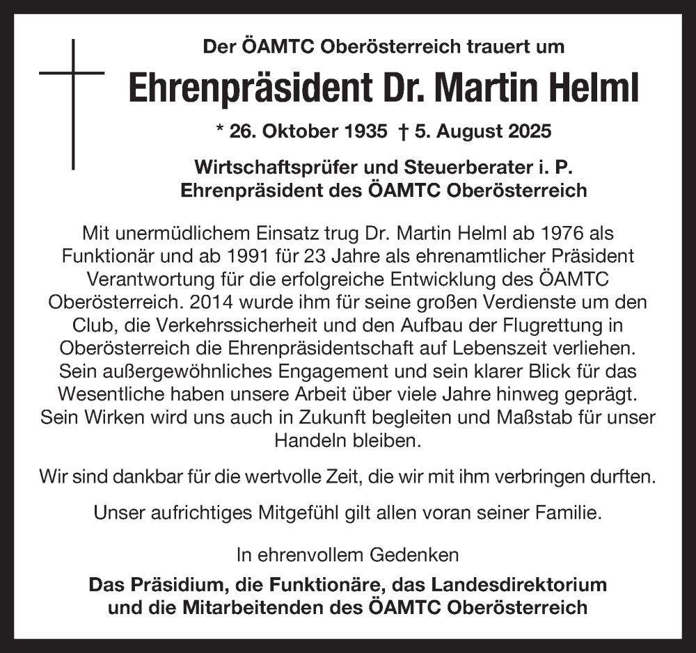  Traueranzeige für Martin Helml vom 15.08.2025 aus OÖNachrichten
