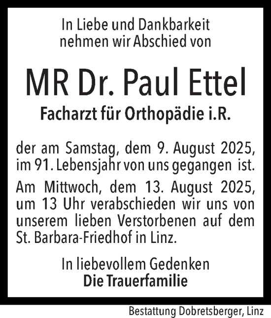 Traueranzeige von Paul Ettel von OÖNachrichten
