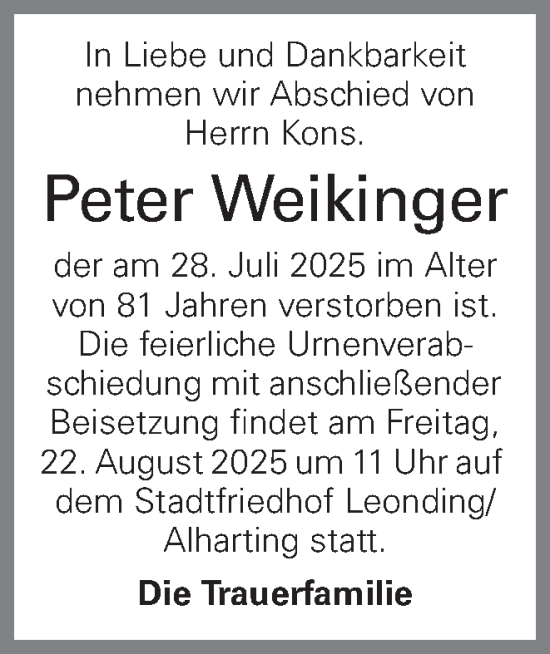 Traueranzeige von Peter Weikinger von OÖNachrichten