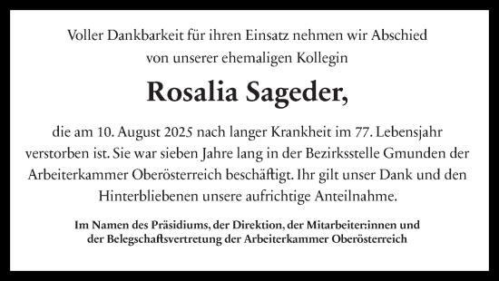 Traueranzeige von Rosalia Sageder von OÖNachrichten