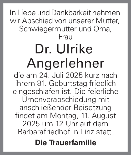 Traueranzeige von Ulrike Angerlehner von OÖNachrichten