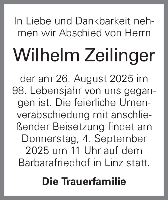 Traueranzeige von Wilhelm Zeilinger von OÖNachrichten