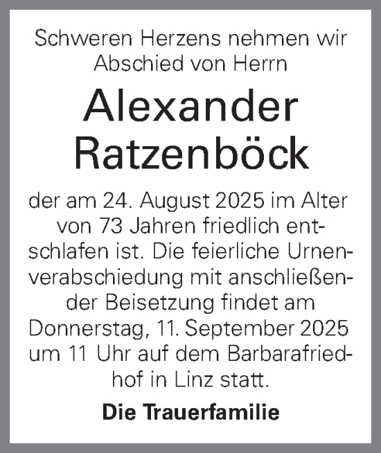 Traueranzeige von Alexander Ratzenböck von OÖNachrichten