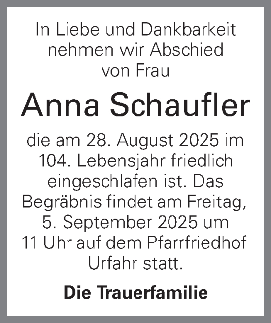 Traueranzeige von Anna Schaufler von OÖNachrichten