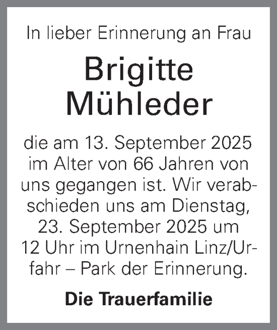 Traueranzeige von Brigitte Mühleder von OÖNachrichten