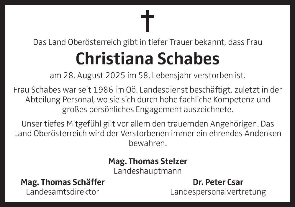  Traueranzeige für Christiana Schabes vom 02.09.2025 aus OÖNachrichten