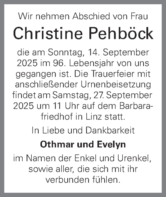 Traueranzeige von Christine Pehböck von OÖNachrichten