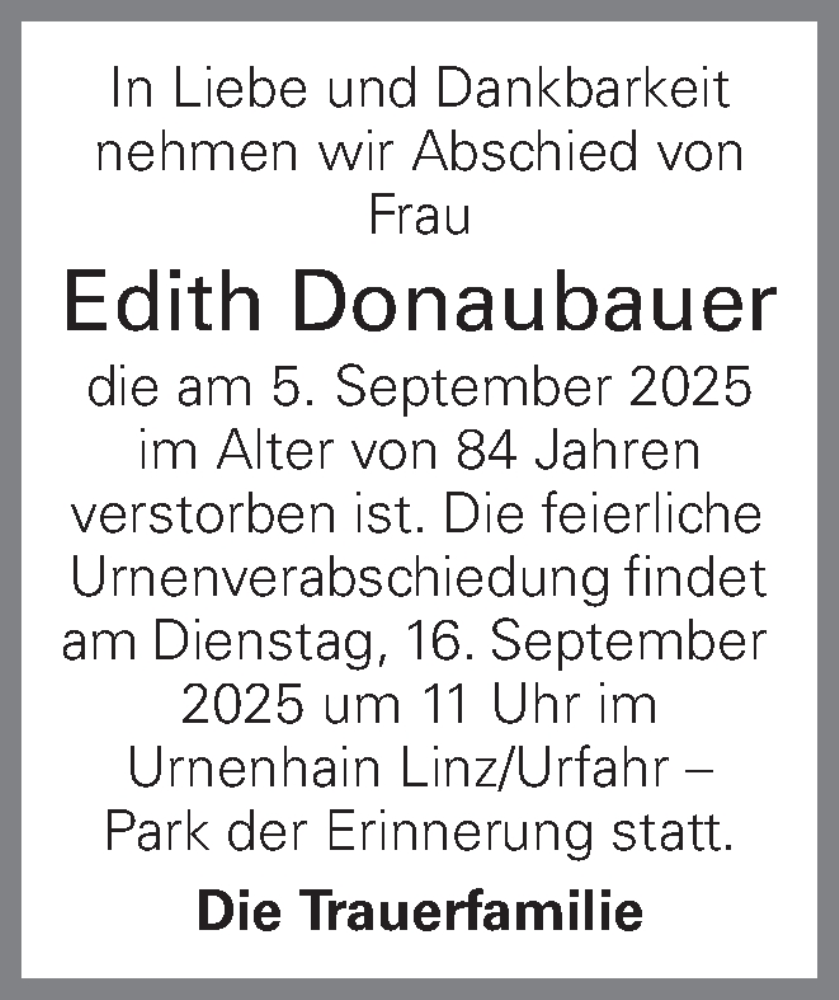  Traueranzeige für Edith Donaubauer vom 13.09.2025 aus OÖNachrichten