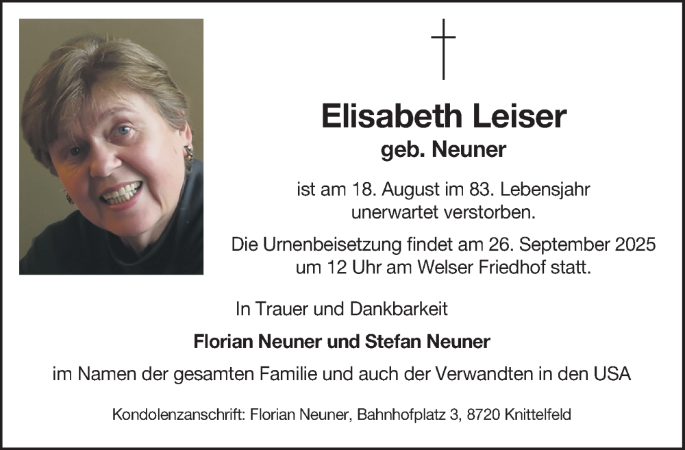 Traueranzeige für Elisabeth Leiser vom 20.09.2025 aus OÖNachrichten
