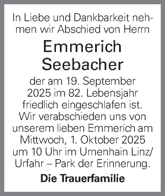 Traueranzeige von Emmerich Seebacher von OÖNachrichten
