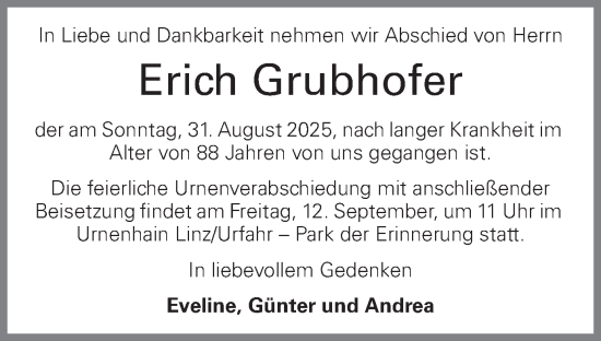 Traueranzeige von Erich Grubhofer von OÖNachrichten
