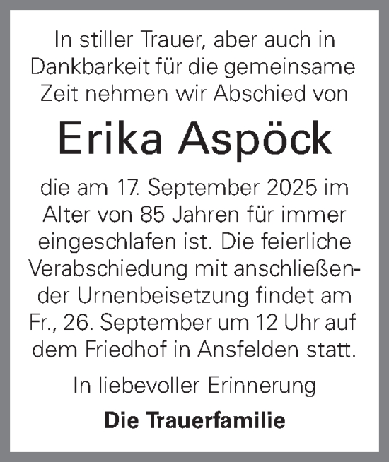 Traueranzeige von Erika Aspöck von OÖNachrichten