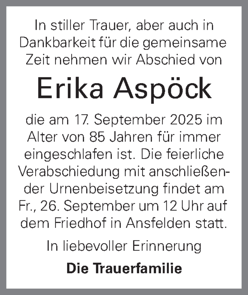  Traueranzeige für Erika Aspöck vom 20.09.2025 aus OÖNachrichten