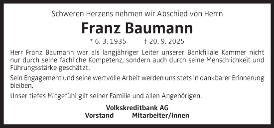Traueranzeige von Franz Baumann von OÖNachrichten