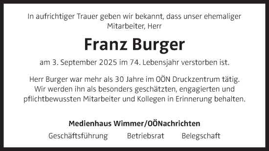 Traueranzeige von Franz Burger von OÖNachrichten