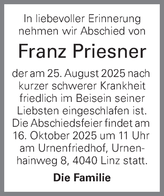 Traueranzeige von Franz Priesner von OÖNachrichten