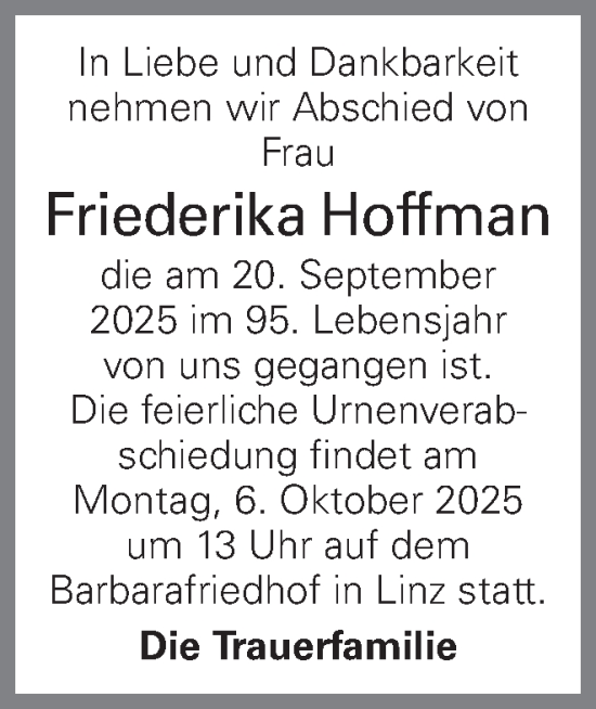 Traueranzeige von Friederika Hoffman von OÖNachrichten