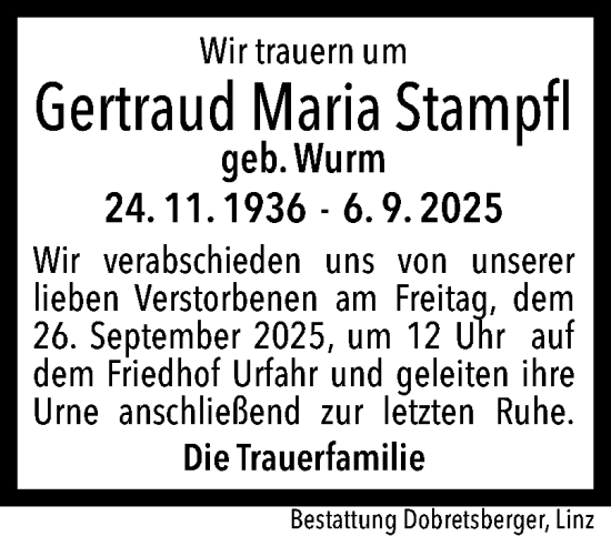Traueranzeige von Gertraud Maria Stampfl von OÖNachrichten