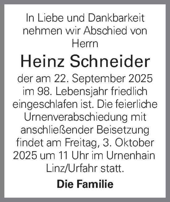 Traueranzeige von Heinz Schneider von OÖNachrichten