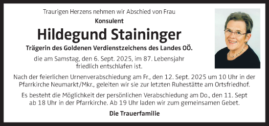Traueranzeige von Hildegund Staininger von OÖNachrichten