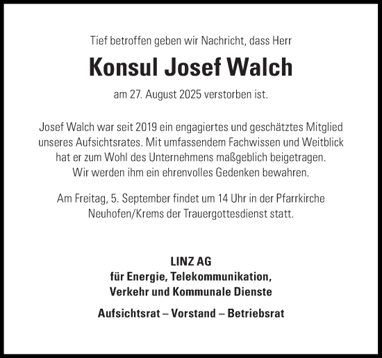 Traueranzeige von Josef Walch von OÖNachrichten