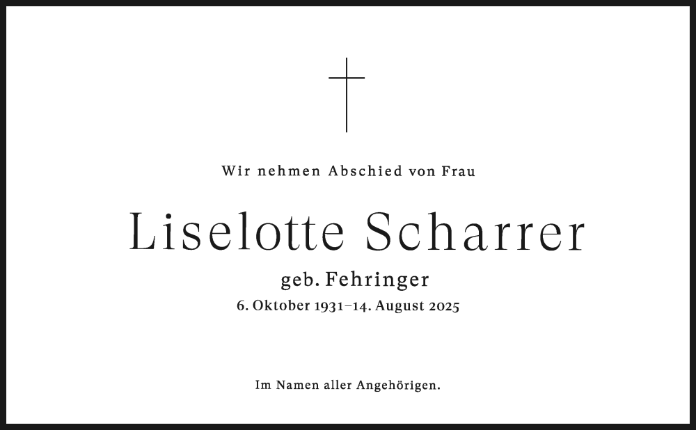  Traueranzeige für Liselotte Scharrer vom 06.09.2025 aus OÖNachrichten