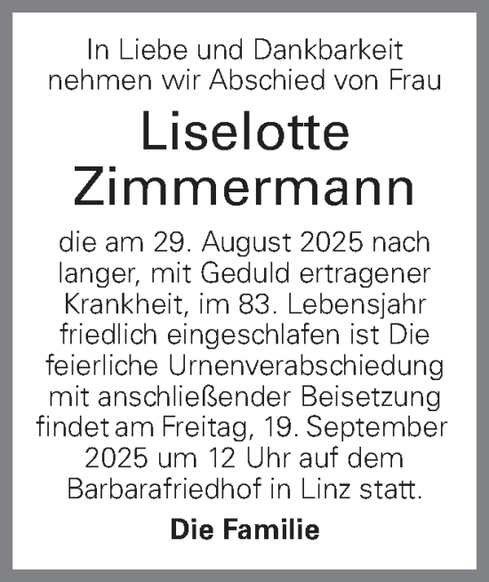 Traueranzeige von Liselotte Zimmermann von OÖNachrichten