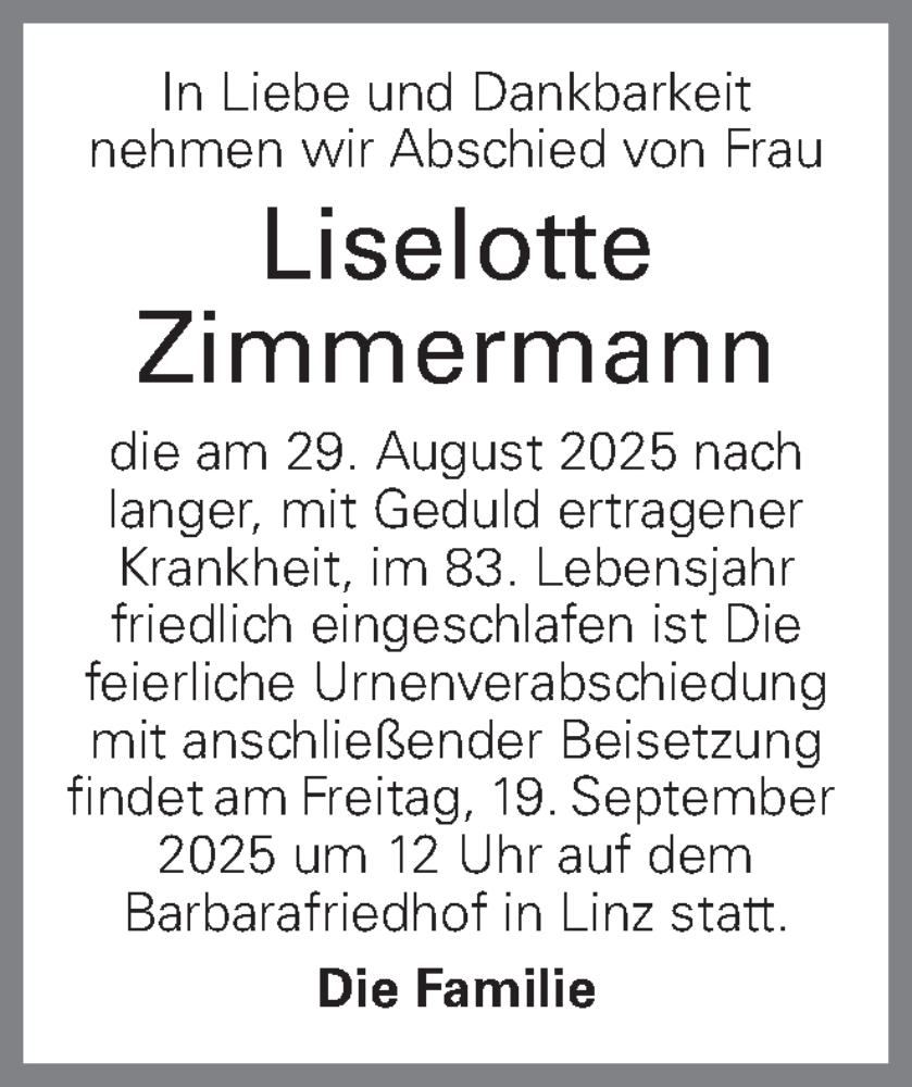  Traueranzeige für Liselotte Zimmermann vom 05.09.2025 aus OÖNachrichten