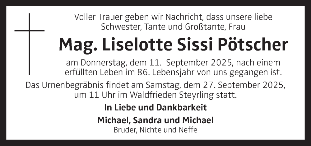 Traueranzeige für Liselotte Sissi Pötscher vom 18.09.2025 aus OÖNachrichten