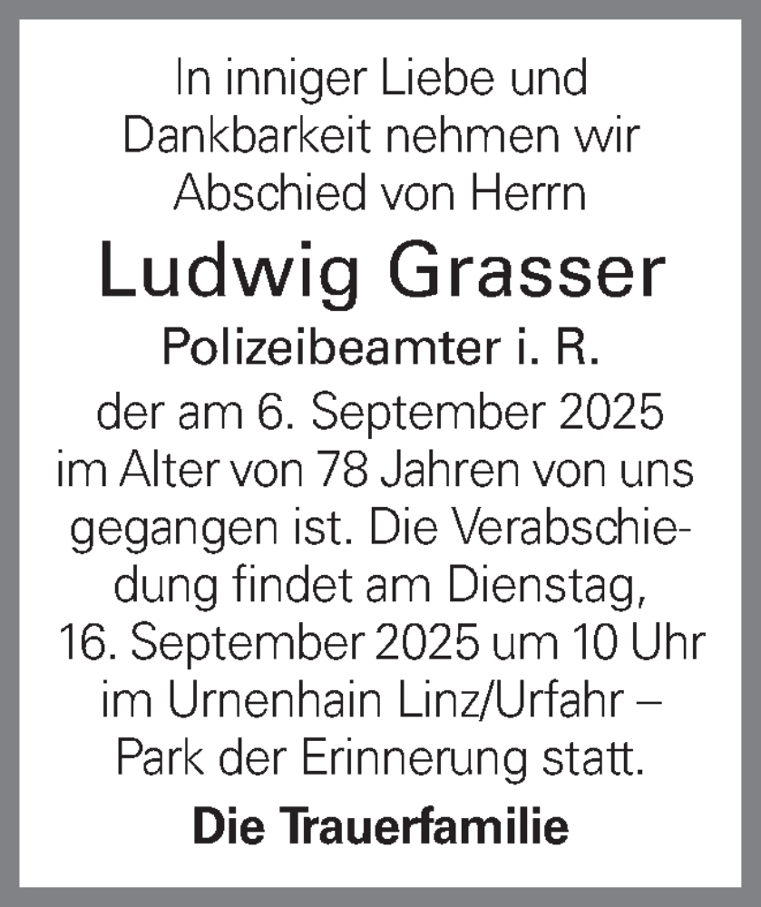  Traueranzeige für Ludwig Grasser vom 12.09.2025 aus OÖNachrichten