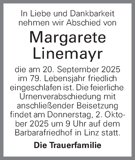 Traueranzeige von Margarete Linemayr von OÖNachrichten