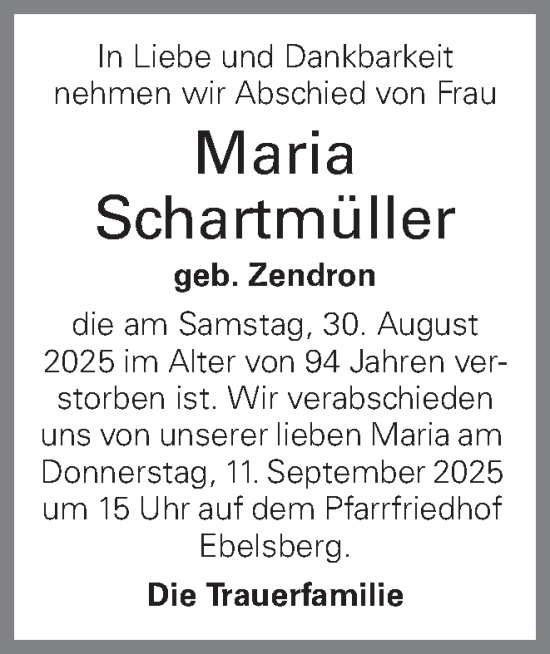 Traueranzeige von Maria Schartmüller von OÖNachrichten